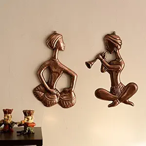 eCraftIndia Musicians Metal Wall Hanging (40 cm x 3 cm x 40, Brown, Set of 2)