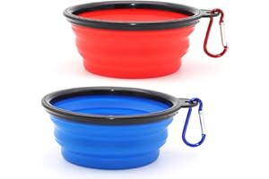 SLSON 2PZ Ciotola Pieghevole per Cane,Ciotola Viaggio Cani con Moschettone Alpinismo,Ciotola Portatile Usato per Gatti,Cani e Animali Domestici per L’Acqua e Cibo (350ml,Blu e Rosso)