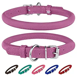 BRONZEDOG Rolled Leather Dog Collar Round Rope Pet Collars for Small Medium Large Dogs Puppy Cat Red Pink Blue Teal Brown Rose Green (Neck Size 9'' - 11'', Rose)