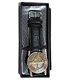 Parijat Handarbeits-Armbanduhr mit Kompass und Sonnenuhr, Messing, mit schwarzem Lederarmband, Sonnenblatt.
