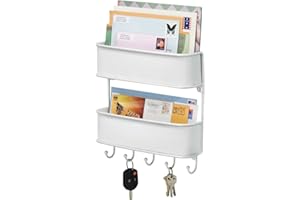 mDesign Nowoczesny organizer na listy – Metalowy stojak na listy z haczykami na klucze – Idealny organizer do przedpokoju – Uchwyt na klucze – Biały