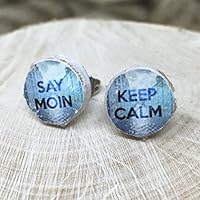 Shabby Chic Holz Ohrstecker KEEP CALM / SAY MOIN Blau (Rund 10mm) -Fotoart-Hamburg - Ohrring - Maritim, Nautisch, See (Schwarz/Blau)