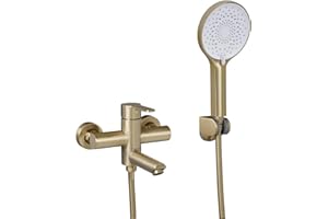 PHASAT Robinet baignoire mural avec douchette en Acier Inoxydable Mitigeur Douche Mural Baignoire bec rotatif à 90°, or brossé