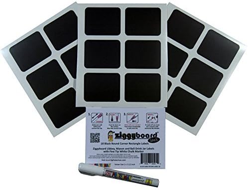 Ziggyboard Chalkboard Round Corner Rectangle Labels with Fine Tip White Chalk Marker 18 Stickers Fit Libbey, Mason and Ball Drink Jars