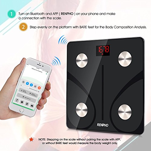 RENPHO® Körperanalysewaage mit Bluetooth /Web Connect Smart Scale/Digitale Personenwaage/Körperfettwaage für Gewicht, Körperfett, Wasseranteil, Muskelanteil, Knochenmasse, BMI Werte, etc. Gratis App: RENPHO für iOS und Android, max. 180kg/0,05kg, Schwarz - 2