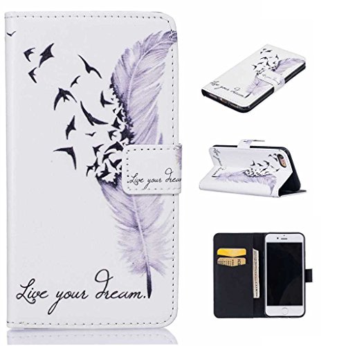 iGrelemÂ® iPhone 7 Case [with Free Tempered Glass Screen Protector], PU Leather Flip Protective Cover Case for Apple iPhone 7 4.7 Inch, Flowers, Butterfly, Deer, Bear Feather Colorful Pattern Design Wallet Case for iPhone7 (Feather, White)