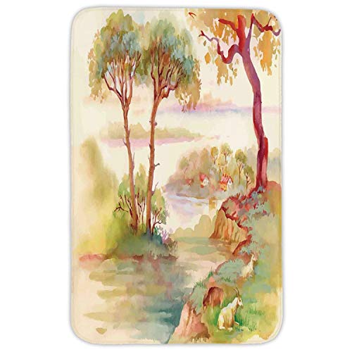 TRAzz Rectangular Area Rug Mat Rug,Landscape,Summer Landscape with Goats Sheep Eating Woodsy Shrubs Grass Illustration,Cream Green Brown,Home Decor Mat with Non Slip Backing