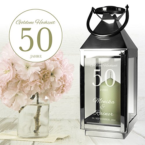 Edelstahl Laterne "ELEGANT" Silber Metall Glas - Windlicht zur Goldenen Hochzeit mit Gravur - Personalisiert mit [WUNSCHNAMEN] und [DATUM] - [MOTIV 50 Jahre]