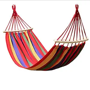 Ad Fresh Canvas Hammocks 260 * 150cm Portable Outdoor Hammock Camping Prevent Rollover Hanging Swing Bed Rainbow Color + Wooden Stick