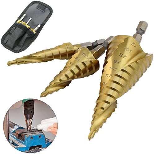 3Pcs HSS Spiral Grooved Step Cone Drills Bit Spiral Metric Hex Shank Drives Titanium Coating Hole Drilling 4-12mm 4-20mm 4-32mm with bag