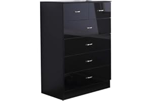 FURNISHED WITH STYLE FWStyle Chilton Black High Gloss Tall Chest, 6 Drawers (4+2) with Metal Handles & Runners, Large Storage/Sideboard, Bedroom Furniture/Children's Room/Nursery