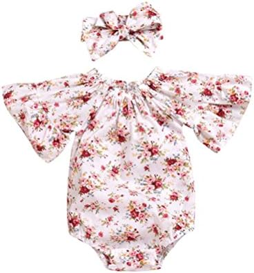 Cyond Rompers Suit for Girls, 2Pcs Newborn Infant Baby Half Sleeve Summer Playsuit Romper+Headband Boys Girls Floral Print Jumpsuit Outfits Casual Party Mini Girl Bodysuit (0-3 Months, White)