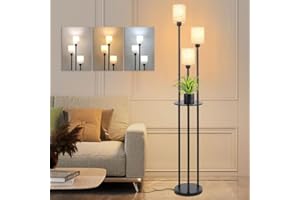 Winverty Stehlampe Wohnzimmer, 3-Flammige Stehleuchte mit Regal, Vintage Industrielle Standleuchte E27 mit Fußschalter & Leinen Lampenschirm für Wohnzimmer Schlafzimmer 1.66M