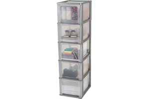 Iris Ohyama, Tour de Rangement Plastique, 5 Grands Tiroirs, Argent, Ouverture Facile, Format A4, A5 & A6, Meuble, Organisateur, pour Bureau, Fourniture Scolaire, Papeterie, Sans BPA, OCH-2500
