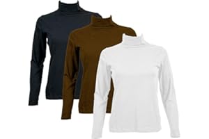 TEX LEAVES Pack 3 Camisetas de Algodón para Mujer con Cuello Alto Manga Larga