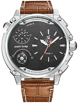 Alienwork Sports Quarz Armbanduhr Multi Zeitzonen Quarzuhr Uhr XXL Oversized sport schwarz braun Leder OS.UV1507-1