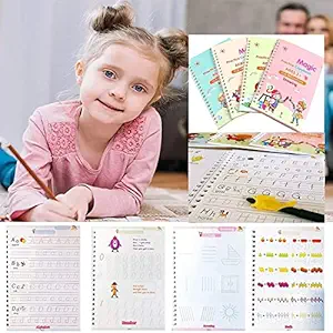 Spefez 4 PCS Reusable Practice Copybook for Kids, Sank Magic Exercise Copybook Age 2 3 4 5 6 year old Girls Boys, Handwriting Workbook Writing Math Practice Book with Pen
