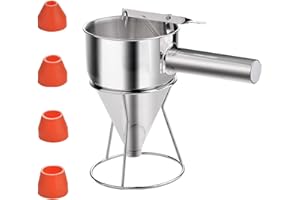 DuzLink Pfannkuchen Teigspender Edelstahl Backtrichter mit 4 Verschiedene Silikondüse, Edelstahl Teigportionierer, Batter Trichter mit Rack, Kolbentrichter Teig Spender für Home Kitchen Bäckerei