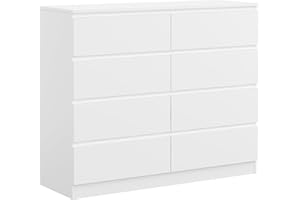 Panana 7/8 Drawers Wide Chest of Drawers, Wooden Lateral Dresser Storage Organizer Unit No Handle Sleek Design for Bedroom, Living Room, Hallway, Entryway (White, 8 Drawers)