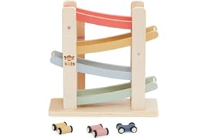 Just Bee Kids Wooden Car Ramp Toy | Toys For 1 Year Old Boys & Girls | Plastic-Free | Pastel Baby Colours | Rounded Edges | Click Clack Racing Track | 1st Birthday Gifts