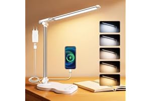Caldarax Lámpara Escritorio LED Regulable, Flexo de Escritorio 5 Modos y 10 Niveles de Brillo, Puerto USB/Control Táctil/Temporizador 45min/Cuidado Ocular, para Lectura, Estudio, Trabajar(Blanco)
