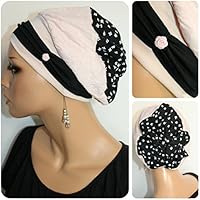 Beanie Mütze Ballonmütze Crash Rosa Schwarz Blümchen mit Band little things in life Chemo Cap Hat Chemomütze Mütze bei Krebs Kopfbedeckung Turban