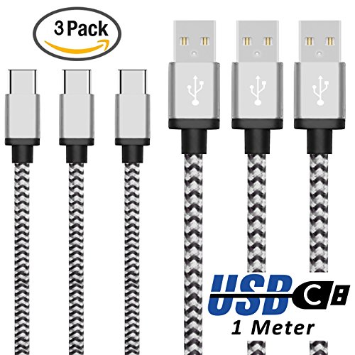Original COVERLOUNGE - Nylon USB Typ C Kabel [3-Pack] / Datenkabel / Ladekabel [2.1 A] für alle Samsung Smartphones mit USB Typ C Anschluss | Farbe: Weiß / Silber | Länge: 1 Meter / 1m