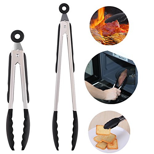 GHB 2er Küchenzange Grillzange aus hochwertigem Edelstahl und Lebensmittelqualität Silikon Kochen Servieren Grill für Fleisch Salat Spaghetti Wurst Brötchen und vieles mehr