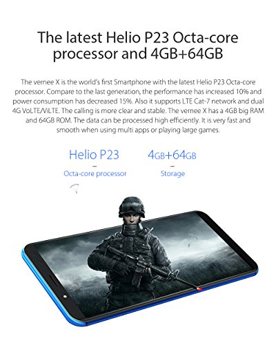 Vernee X - FHD da 5,99 pollici (rapporto 18: 9) Smartphone Android 4G, Octa Core da 2,0 GHz 4 GB + 64 GB, Batteria 6200 mAh, Quattro fotocamere (13 MP + 5 MP + 16 MP + 5 MP), Riconoscimento viso - Blu