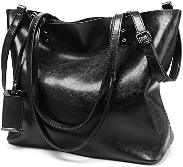 VECHOO Women's Handbag, Designer Leather-Synthetic Tote, Large Capacity Shopping Bags, Fashion Shoulder Bag, Vintage Top Handle Bag, Ladies Purse with Unique Tag (Black)