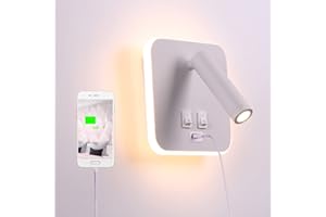 TWSXTE Applique da comodino orientabile Porta di Ricarica USB Lampada da Parete camera da letto Faretto da camera da letto luce per la lettura 3000K (3W + 10W)