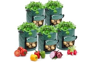 Catekro 5 Pack 7 Gallon Plant Grow Bags Set, Garden Plant Bags with Strap Handles, for Potatoes, Carrots, Tomatoes, Cucumbers and Other Vegetables(Green-27L-OA256)
