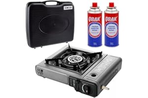 ALJOIR Cocina Portátil de Gas, Hornillo de Camping con Adaptador de Botella Externa y 2 Cartuchos, Campingaz con maletín para facilitar el Transporte