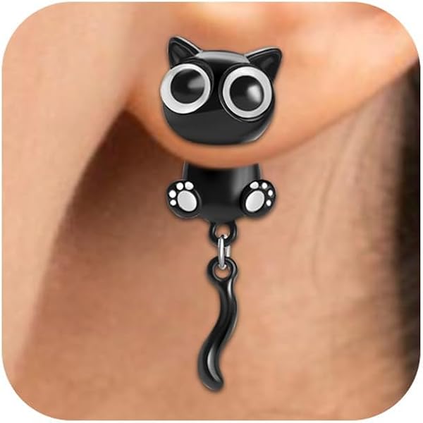 Boucles D'oreilles Motif Chat Noir En Bois - Dormeuses Légères, Style Puces - Neuf Sans Emballage