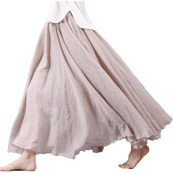 Jupe Longue Bohème BEAUTYLAST - Coton Et Lin - Taille Élastique - Longueur 95 Cm - Vert Kaki - Plage, Vacances