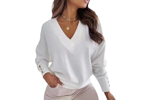 Yesgirl Pull Femme Col en V Pull Elégant Couleur Unie Ample Pullover Décontracté Manches Longues Chandail Printemps Automne Sweater Hauts