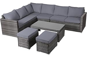 Panana Rattan Garden Sofa Set 8 Seater Outdoor Lounge Sofa with Coffee Table and Stools, PE Rattan Patio Furniture Garden Seating for Backyard, Poolside (Mixed Grey Wicker with Grey Cushions)