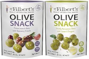 FOOD SANCTUARY Mr Filbert's Rosemary & Garlic Mixed Olives and Lemon 50g & Oregano Green Olives 50g (One Pack Each)
