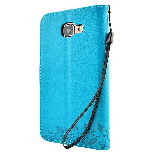 Galaxy A5 (2016) Hülle, Fraelc® Handyhülle Samsung Galaxy A510F 2016 Lederhülle Flip Tasche mit Kartenfächer und Standfunktion Schmetterling Blau Muster Schutzhülle mit 1x Displayfolie + 1x Eingabestift - 7
