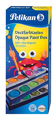 Pelikan 720631 Deckfarbkasten K24, 24 Qualitätsfarben, inkl. 1 Tube Deckweiß Spar-Set (mit Wasserbecher + Pinselset)