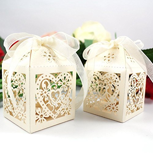 Veewon 50pcs Herz schneiden Süßigkeiten-Boxen Geschenktüten Mit Band Hochzeitsfest Bevorzugung Tischdekoration (Beige)
