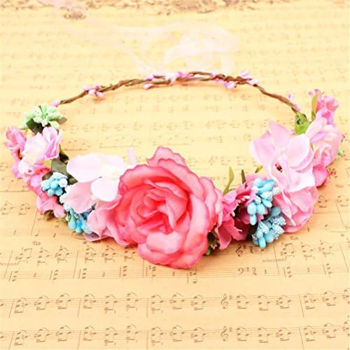 BGDRE® Women Bohemian Flower Headband Handmade Floral Crown Hairband Party Wedding Wreath Bridal Headdress Elastic Hair Accessories , pink