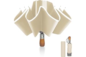 Pioggistar Wiatroszczelny składany parasol, automatyczny parasol wsteczny, parasol przeciwdeszczowy 10 wzmocnionych żeber dla mężczyzn i kobiet, drewniany uchwyt, średnica 105 cm