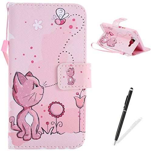 Feeltech Samsung Galaxy A510/A5 2016 Hülle PU-Leder und Brieftasche Bunte Muster Fall mit Magnetverschluss, Hybrid-Kickstand mit Stand-Funktion, schlagen Sie schützende weiche TPU Stoßstangenabdeckung und Kreditkartenhalter für Samsung Galaxy A510/A5 2016 Handgelenk Bügel-Buch-Art-Geldbeutel-Tasche mit 2 In 1 Berühren Sie Stift - Rosa Katze