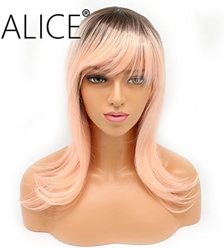 ALICE Lace Front Wigs Pink Ombre Wig Bob Style with Bangs, 14" Short Natural Straight Synthetic Full Wig Fashion Peach Red 2 Tones with Dark Roots for Women Girls