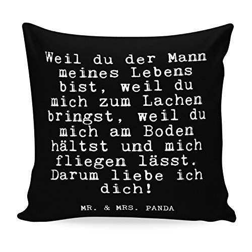 Mr. & Mrs. Panda Kissen 40x40 Spruch "Weil du der Mann meines Lebens bist, weil du mich zum Lachen bringst, weil du mich am Boden hältst und mich fliegen lässt. Darum liebe ich dich! " - 100% handmade aus Soft-Feel Kissenbezug - Kissen, Kissenhülle, Kopfkissen, Geschenk, Schenken, Couch, Sofakissen, weich, flauschig, 40x40, 40 x 40 Liebe, Freund, Geschenk, Liebesbeweis, Wunder, Partner, Mann, Hochzeit, Ehe, Hochzeitstag Spruch Sprüche Lustig Spass Geschenk Geschenkidee Zitate