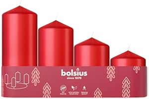 Bolsius Glatte Stumpenkerzen - 4er Set - Advent - Rot - Verschiedene Größen 12-10-8-6 cm - Ø48mm - Dekorative kerzen - Lange Brenndauer - Unparfümiert - Mit Natürlichem Pflanzenwachs - Ohne Palmöl