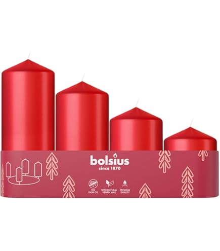 Bolsius 12 stuks stompkaarsen, glad, bordeaux, 15 x 7 cm, decoratief, brandduur 42 uur, geurvrij, bevat natuurlijke plantaardige was, zonder palmolie