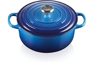 Le Creuset Signature 21177222202430 Żeliwne Naczynie do Pieczenia Z Pokrywką, 22 cm, Okrągłe Kolor Azure