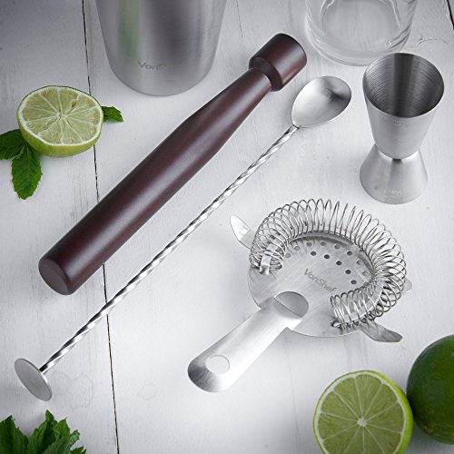 VonShef Cocktail Shaker Set mit gedrehtem Barlöffel, 15 eingravierten Rezepten, Hawthorne-Sieb, 25ml & 50ml Messbecher & Holz-Stößel – Rot – Zwei Jahre KOSTENLOSE Gewährleistung - 4